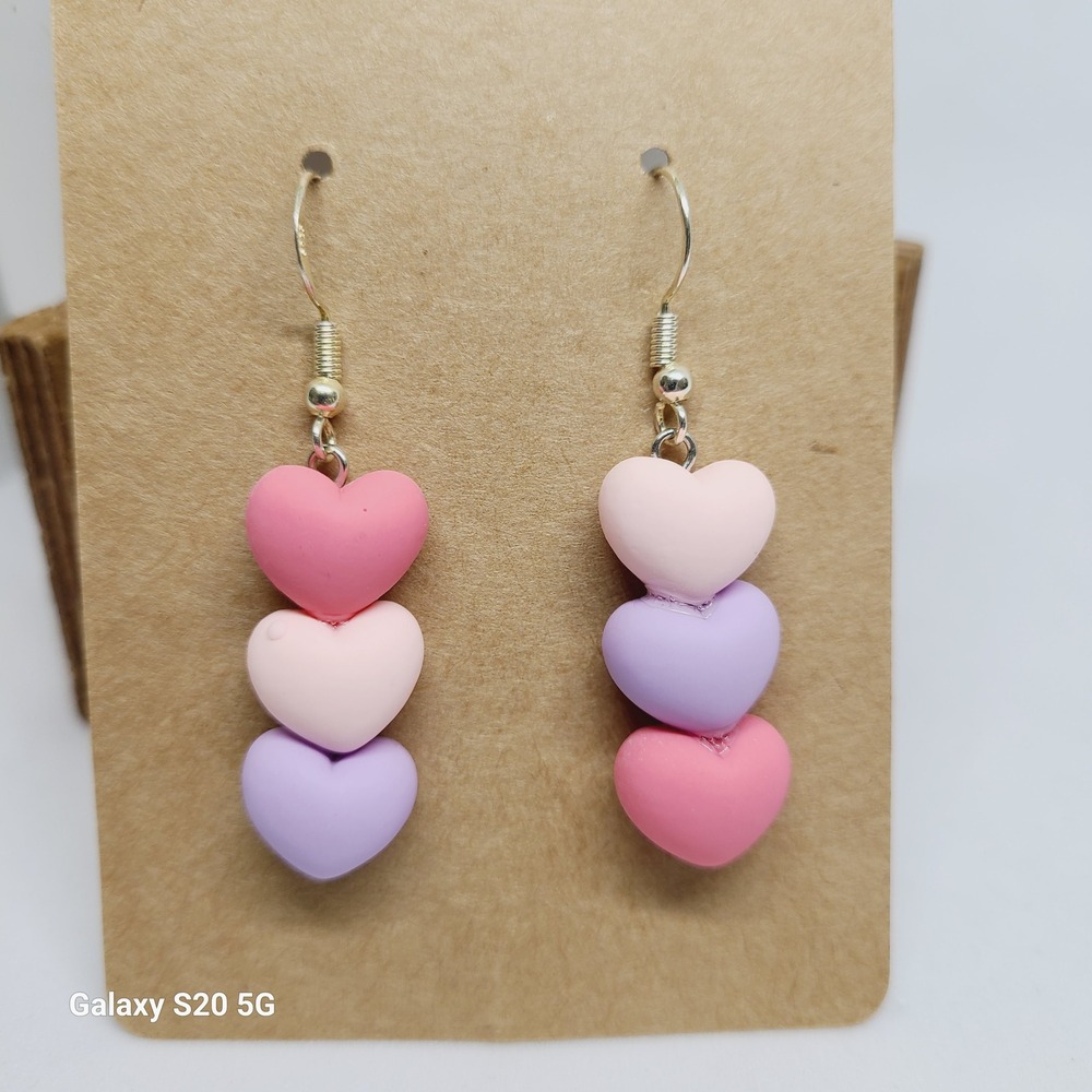 Handmade Stacked Heart Dangle Drop Earrings Pastel Colors Ladies NEW‎ 2 inches